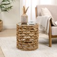 thumbnail image 1 of JONATHAN Y Malaya 16" Bohemian Coastal Handwoven Water Hyacinth Open Weave Round End Table with Glass Top, Natural, TBL2508A, 1 of 6