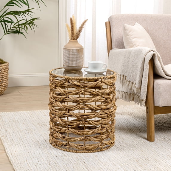 JONATHAN Y Malaya 16" Bohemian Coastal Handwoven Water Hyacinth Open Weave Round End Table with Glass Top, Natural, TBL2508A