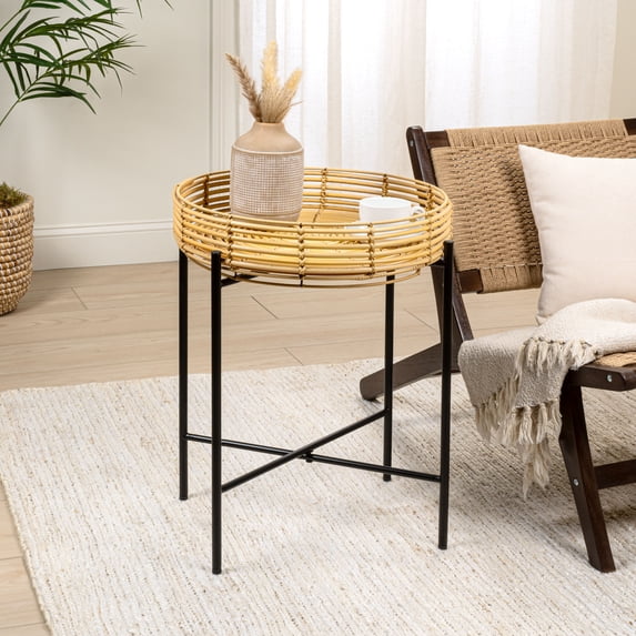 JONATHAN Y Malia 20" Coastal Bohemian Faux Rattan Round Tray End Table with Metal Base, Natural, TBL2509A