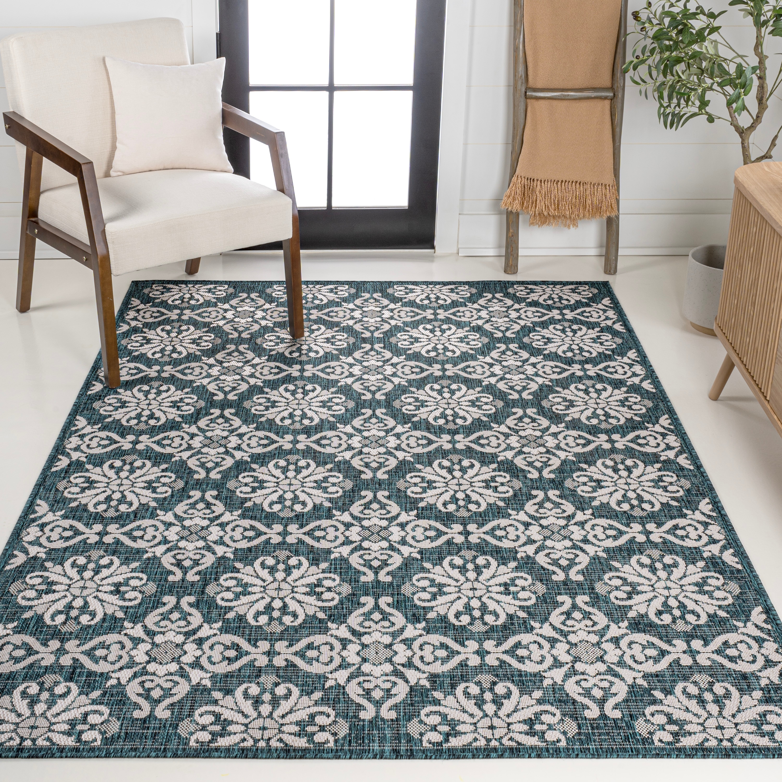 Turquoise Mediterranean Rug JONATHAN Y Maribel Traditional Mediterranean Tile Design Indoor/Outdoor ...