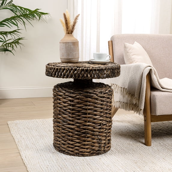 JONATHAN Y Marisol 19.65" Coastal Bohemian Handwoven Water Hyacinth Round Accent Side Table, Brown, TBL2504B