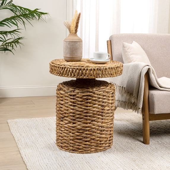JONATHAN Y Marisol 19.65" Coastal Bohemian Handwoven Water Hyacinth Round Accent Side Table, Natural, TBL2504A