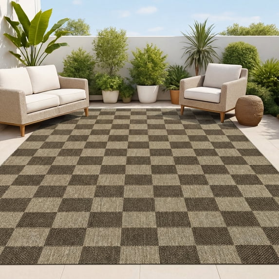 JONATHAN Y FXV200B-5 Mason Smart Jute Geometric Boho Checker Weave Natural/Brown 5 ft. x 8 ft. Indoor/Outdoor Area Rug