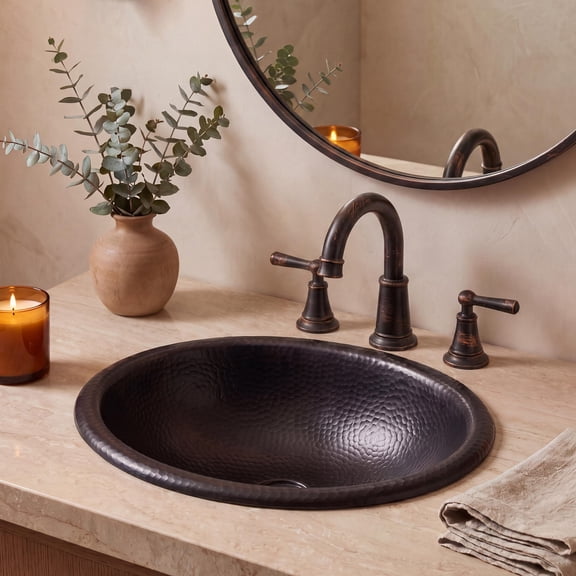 JONATHAN Y Matte Black 18-Gauge Copper Oval Sink Basin, 17" x 13" Farmhouse Rustic Handmade Hammered Matte Bathroom Drop-in Vanity Sink SNK2000C