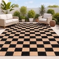thumbnail image 1 of JONATHAN Y Meadow Grace Polypropylene Bishop Geometric Checker Waterproof Reversible Foldable Plastic Straw Outdoor Area Rug for Patio with Handheld Bag, 5' x 8', Black and Cream MDW103A-5, 1 of 9