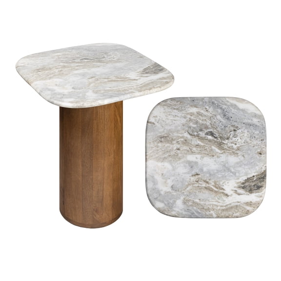 JONATHAN Y Milos 18" Rustic Minimalist Square Marble/Wood Accent Table, White Marble/Honey Wood, END5004B