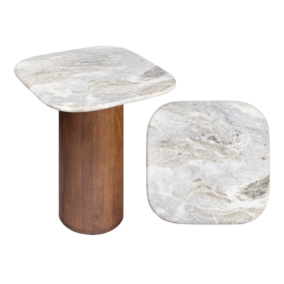 JONATHAN Y Milos 18" Rustic Minimalist Square Marble/Wood Accent Table, White Marble/Honey Wood, END5004B