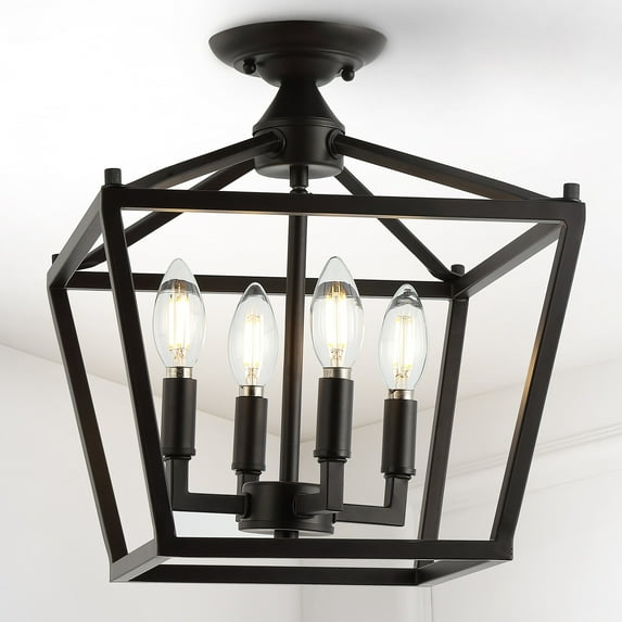 JONATHAN Y Plains Mini Lantern 12" 4-Light Iron Modern Farmhouse Pagoda LED Semi Flush Mount Lantern, Oil Rubbed Bronze
