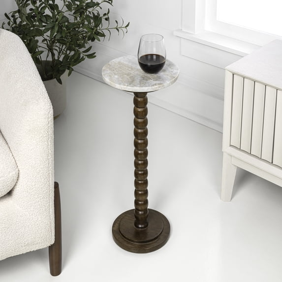 JONATHAN Y Monroe 24.25" Rustic Farmhouse Spindle Wood Drink Table and Decorative End Table with White/Beige Marble Round Top, Dark Brown, END3005C