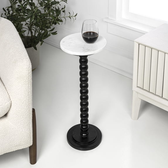 JONATHAN Y Monroe 24.25" Rustic Farmhouse Spindle Wood Drink Table and Decorative End Table with White Marble Round Top, Black, END3005A