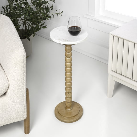 JONATHAN Y Monroe 24.25" Rustic Farmhouse Spindle Wood Drink Table and Decorative End Table with White Marble Round Top, Natural, END3005B