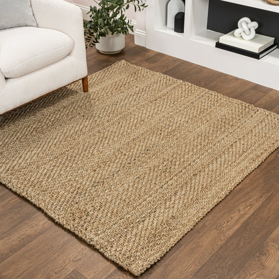 JONATHAN Y NATURAL FIBER 6' Square Area Rug, Espina Hand Woven Herringbone Chunky Jute - Natural, NFR101A-6SQ