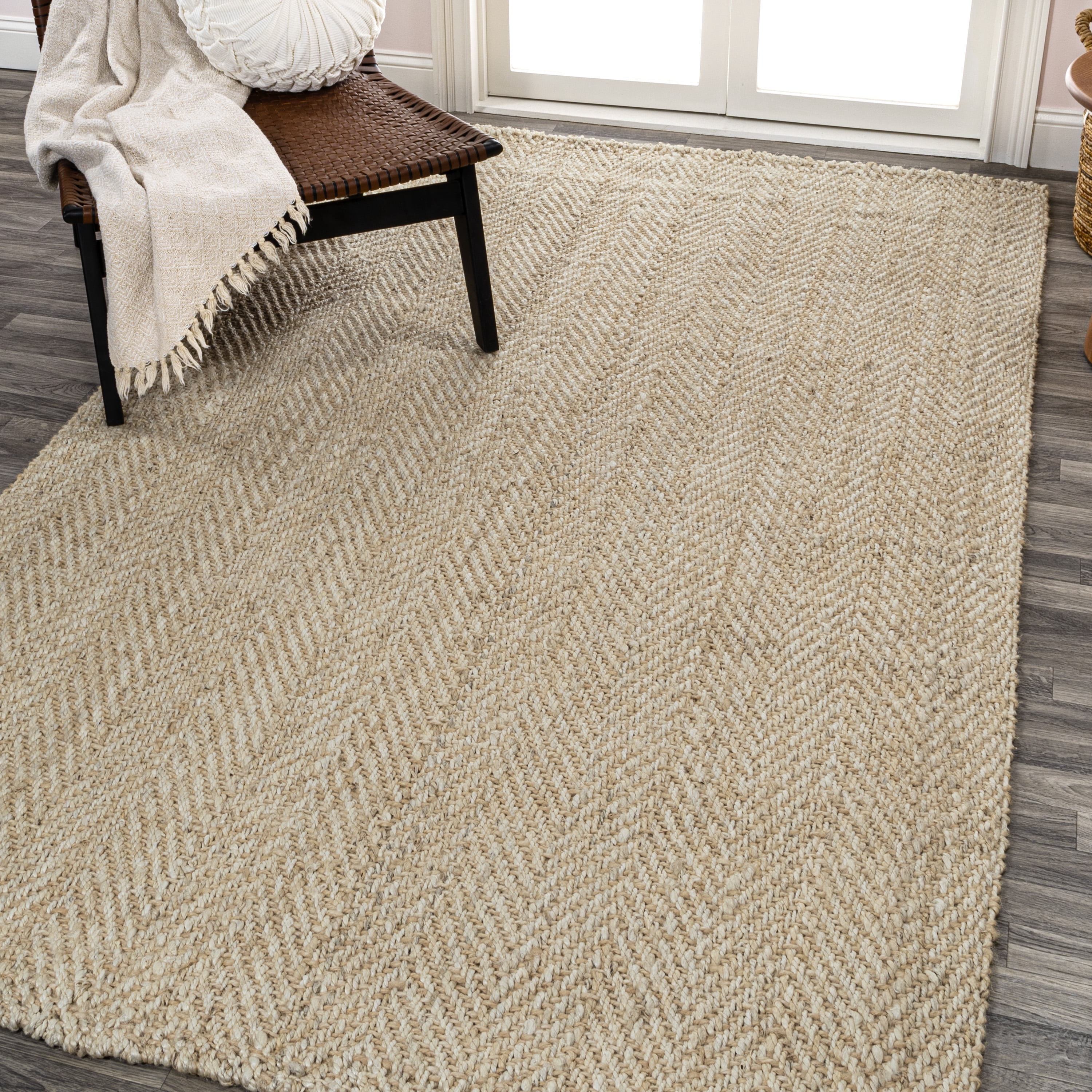 JONATHAN Y NATURAL FIBER 3 x 5 Area Rug, Espina Hand Woven Herringbone Chunky Jute - Ivory, NFR101B-3