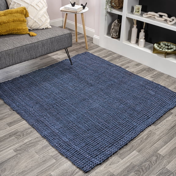 JONATHAN Y NATURAL FIBER 8' Square Area Rug, Pata Hand Woven Chunky Jute - Navy, NRF102D-8SQ
