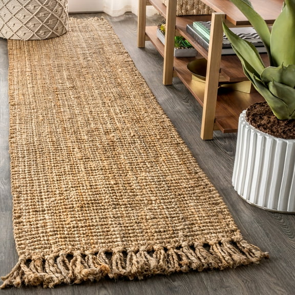 JONATHAN Y NATURAL FIBER 2 x 10 Runner Rug, Pata Hand Woven Chunky Jute with Fringe - Natural, NRF103A-210
