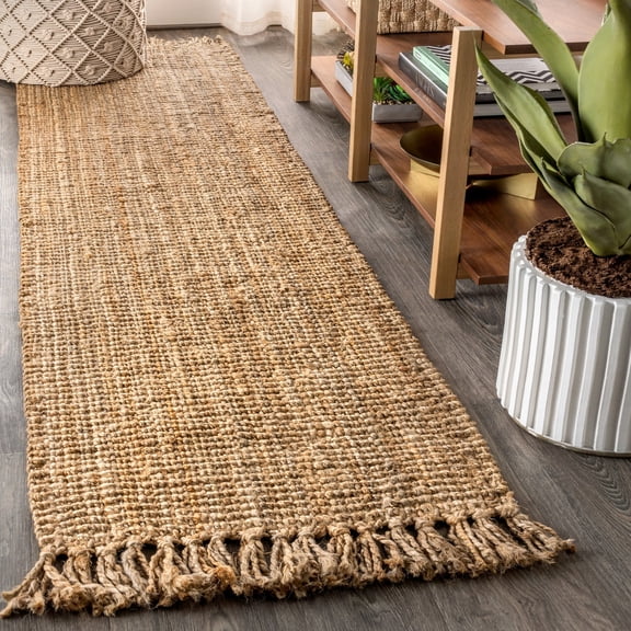 JONATHAN Y NATURAL FIBER 2 x 20 Runner Rug, Pata Hand Woven Chunky Jute with Fringe - Natural, NRF103A-220
