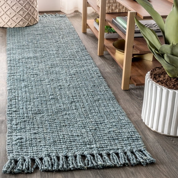 JONATHAN Y NATURAL FIBER 2 x 12 Runner Rug, Pata Hand Woven Chunky Jute with Fringe - Light Blue/Gray, NRF103B-212