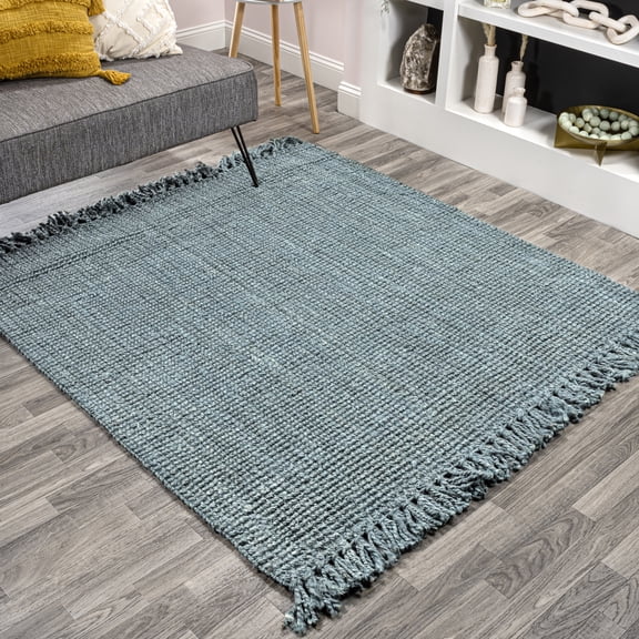 JONATHAN Y NATURAL FIBER 7' Square Area Rug, Pata Hand Woven Chunky Jute with Fringe - Light Blue/Gray, NRF103B-7SQ