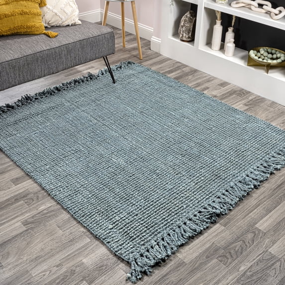 JONATHAN Y NATURAL FIBER 9' Square Area Rug, Pata Hand Woven Chunky Jute with Fringe - Light Blue/Gray, NRF103B-9SQ