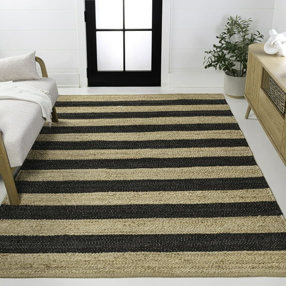 JONATHAN Y NATURAL FIBER 3 x 5 Area Rug, Jayden Rustic Farmhouse Woven Jute Stripe - Natural/Black, NRF202B-3