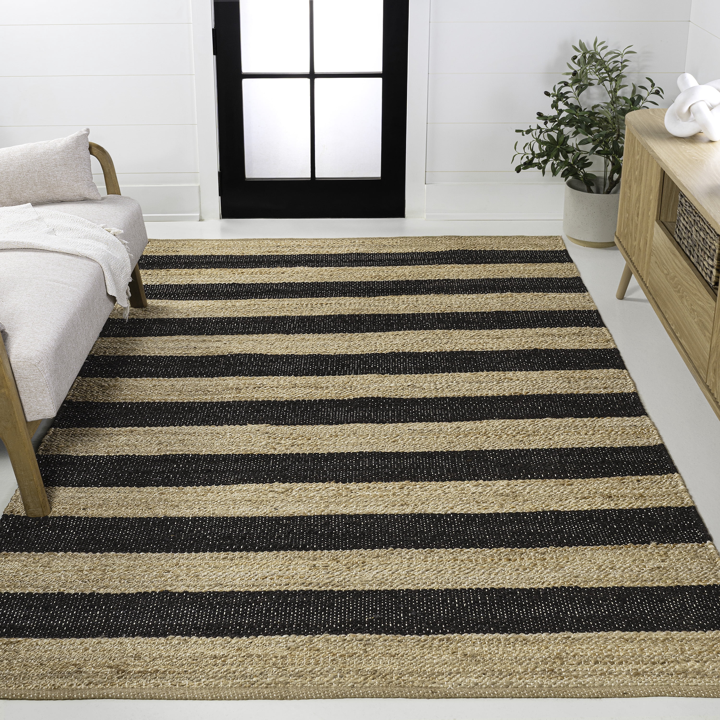 JONATHAN Y NATURAL FIBER 5 x 8 Area Rug, Jayden Rustic Farmhouse Woven Jute Stripe - Natural/Black, NRF202B-5