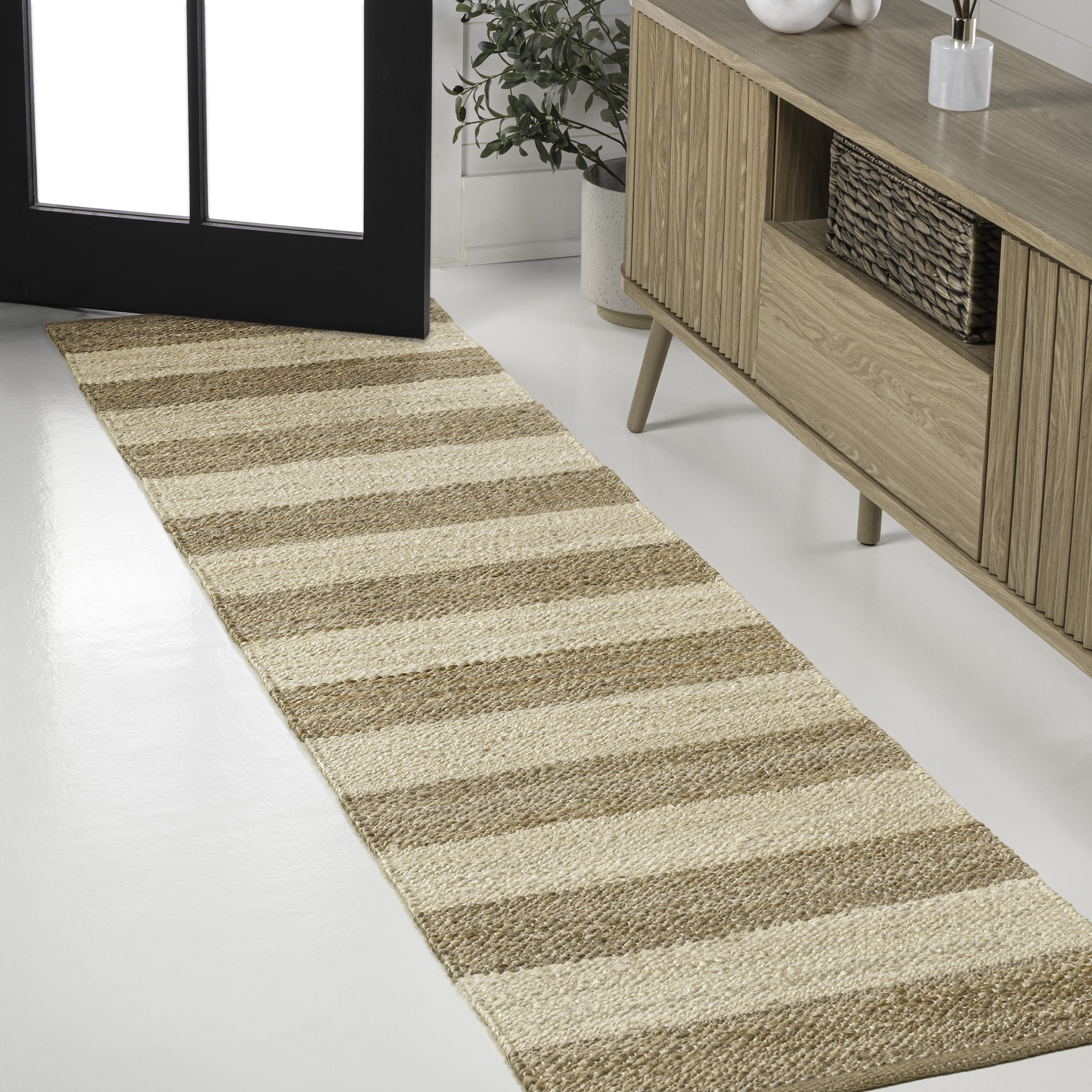 JONATHAN Y NATURAL FIBER 2 x 10 Runner Rug, Jayden Rustic Farmhouse Woven Jute Stripe - Natural/Bleach, NRF202C-210