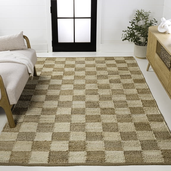 JONATHAN Y NATURAL FIBER 3 x 5 Area Rug, Theo Farmhouse Woven Jute Checkerboard - Natural/Bleach, NRF203C-3