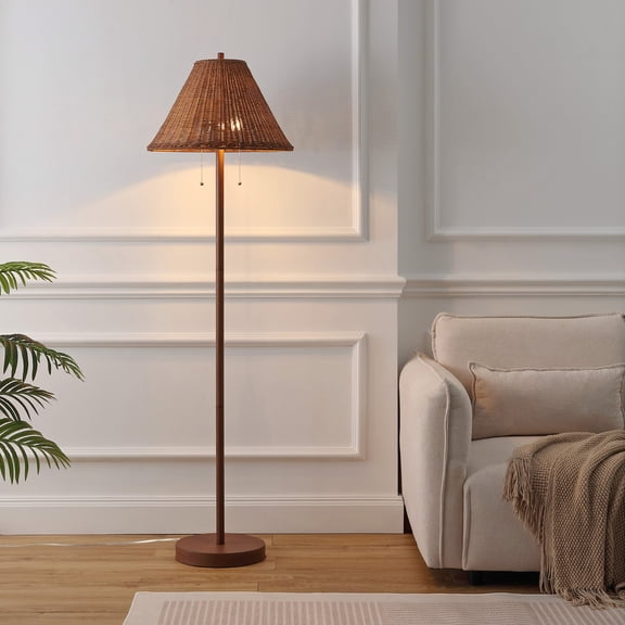 JONATHAN Y Nando 61" 2-Light Coastal Bohemian Iron/Rattan LED Floor Lamp with Pull-Chain, Dark Brown Wood Finish