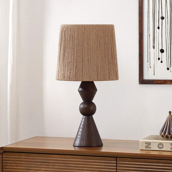 JONATHAN Y Orbic Taper 23.5" Rustic Cottage Resin/Metal LED Table Lamp with Paper Rope Shade, Dark Brown Wood Finish
