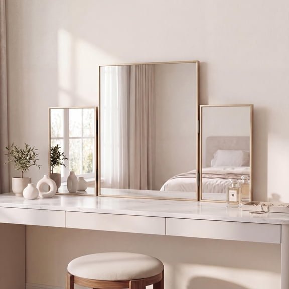 JONATHAN Y Orthos Aluminum 3-Way Trifold Vanity Mirror 30" x 20" Gold Rectangular Metal Framed Adjustable Mirror for Tabletop and Wall Mount Modern Glam for Dressing Room and Bedroom MIR219B