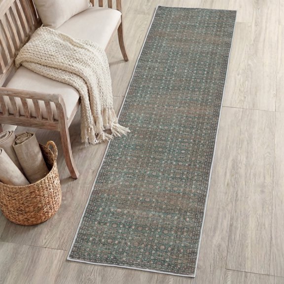 JONATHAN Y PATINA Machine Washable Petunia Polyester Machine Washable Runner Rug, Green and Brown, 2' X 8' Traditional with Distressed for Hallway PTN102A-28