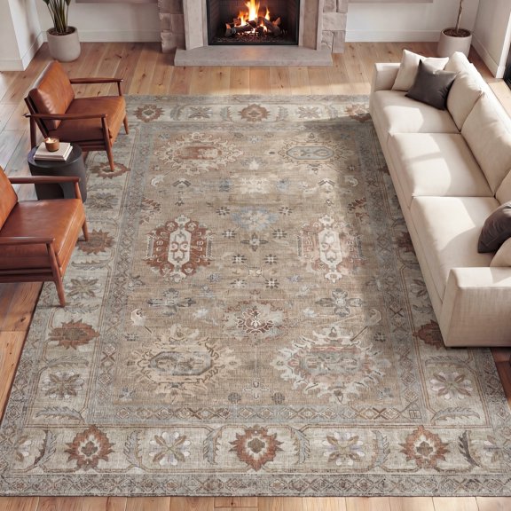 JONATHAN Y PATINA WASHABLE Polyester Machine-Washable Area Rug, Beige and Cream Kisara Oushak Style Distressed Border, 3' x 5', Vintage Low-Pile with Non-Slip Backing Living Room PTN101E-3