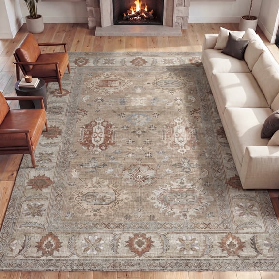 JONATHAN Y PATINA WASHABLE Polyester Machine-Washable Area Rug, Beige and Cream Kisara Oushak Style Distressed Border, 8' x 10', Vintage Low-Pile with Non-Slip Backing Living Room PTN101E-8