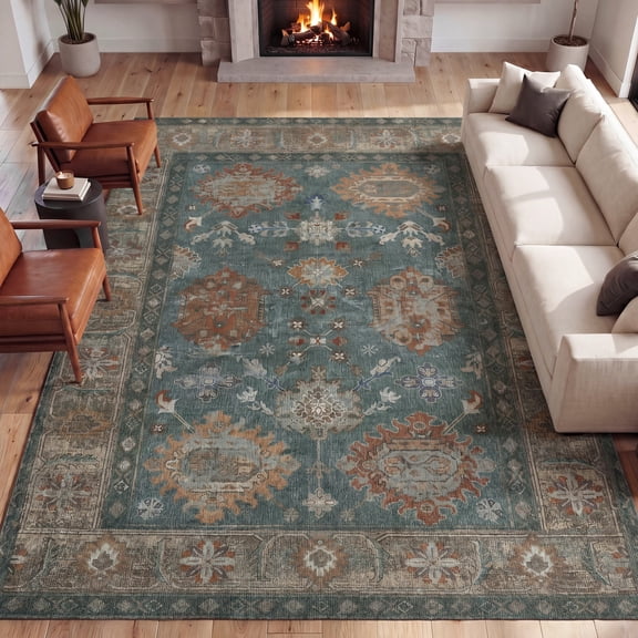 JONATHAN Y PATINA WASHABLE Polyester Machine-Washable Area Rug, Green and Brown Kisara Oushak Style Distressed Border, 9' x 12', Vintage Low-Pile with Non-Slip Backing Living Room PTN101A-9