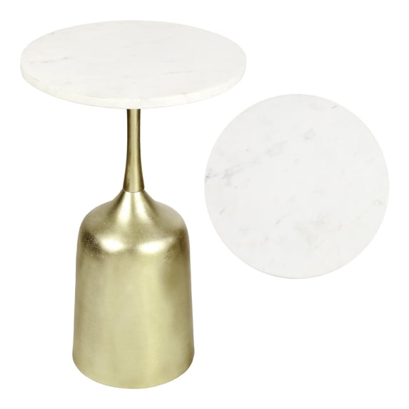 JONATHAN Y Pip 20.25" Classic Designer Metal Drink Table and Decorative End Table with White Marble Round Top and Bell Pedestal Base, Antique Gold, END4002B
