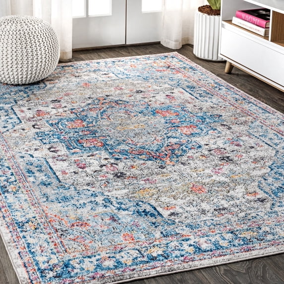 JONATHAN Y 8 x 10 Area Rug, Manisa Vintage Medallion - Ivory/Peacock Blue/Coral, RES103A-8