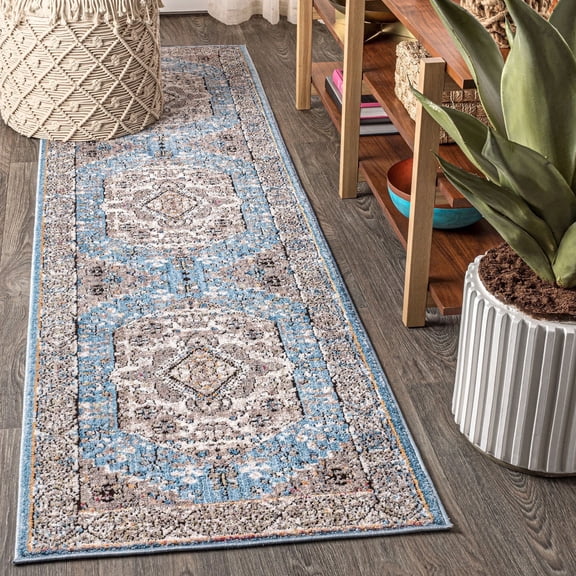 JONATHAN Y 2 x 8 Runner Rug, Kesan Vintage Medallion - Turquoise/Gray, RES106A-28