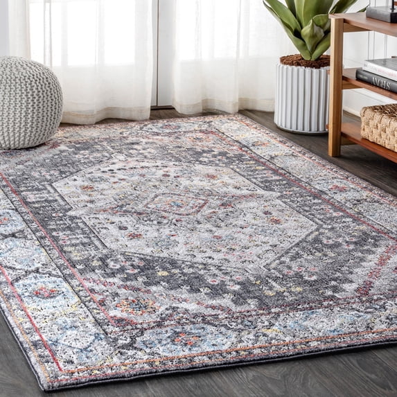 JONATHAN Y 4 x 6 Area Rug, Kesan Vintage Medallion - Charcoal Gray/Ivory, RES106B-4