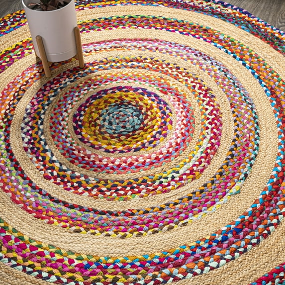 JONATHAN Y ANSA 7' Round Area Rug, Isla Boho Braided Rag & Jute - Multi/Natural, RNF105A-7R