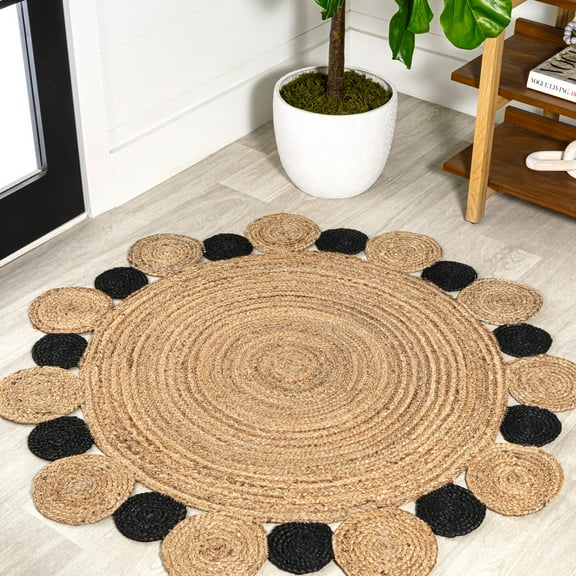 JONATHAN Y ANSA 5' Round Area Rug, Ayana Two-Tone Jute Hippy Circle - Natural/Black, RNF108A-5R