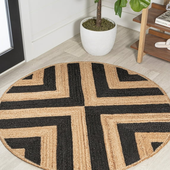 JONATHAN Y ANSA 4' Round Area Rug, Piper Two-Tone Chevron Jute - Black/Natural, RNF111A-4R