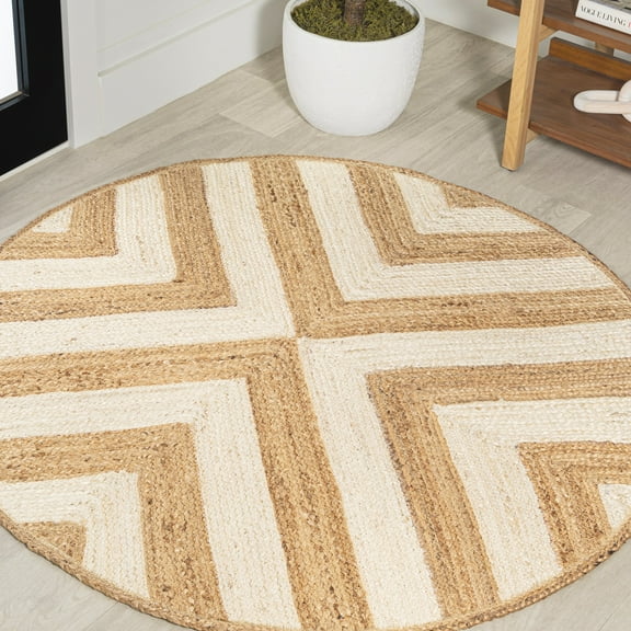 JONATHAN Y ANSA 5' Round Area Rug, Piper Two-Tone Chevron Jute - Cream/Natural, RNF111B-5R