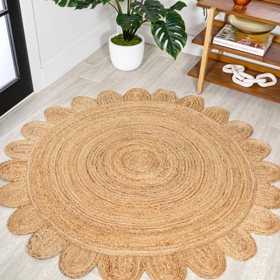 JONATHAN Y ANSA 5' Round Area Rug, Petal Boho Jute Scalloped Circle - Natural, RNF112A-5R