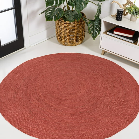 JONATHAN Y ANSA 6' Round Area Rug, Zara Braided Coastal Cottage Jute - Red, RNF116A-6R
