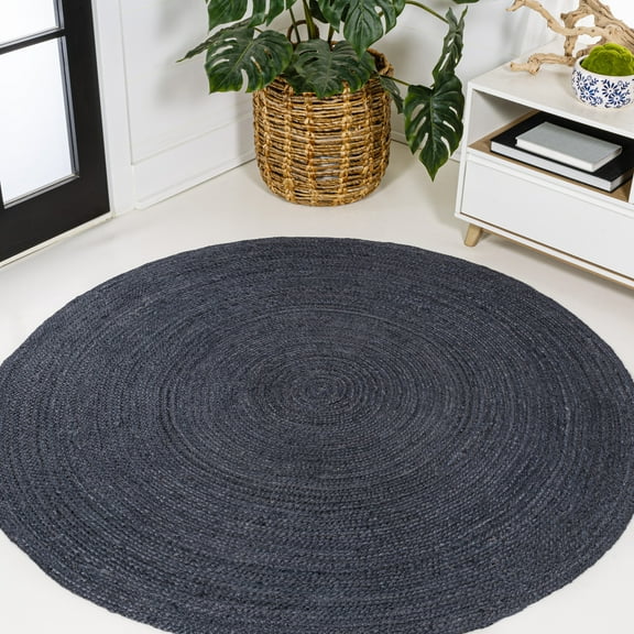 JONATHAN Y ANSA 4' Round Area Rug, Zara Braided Coastal Cottage Jute - Navy, RNF116B-4R