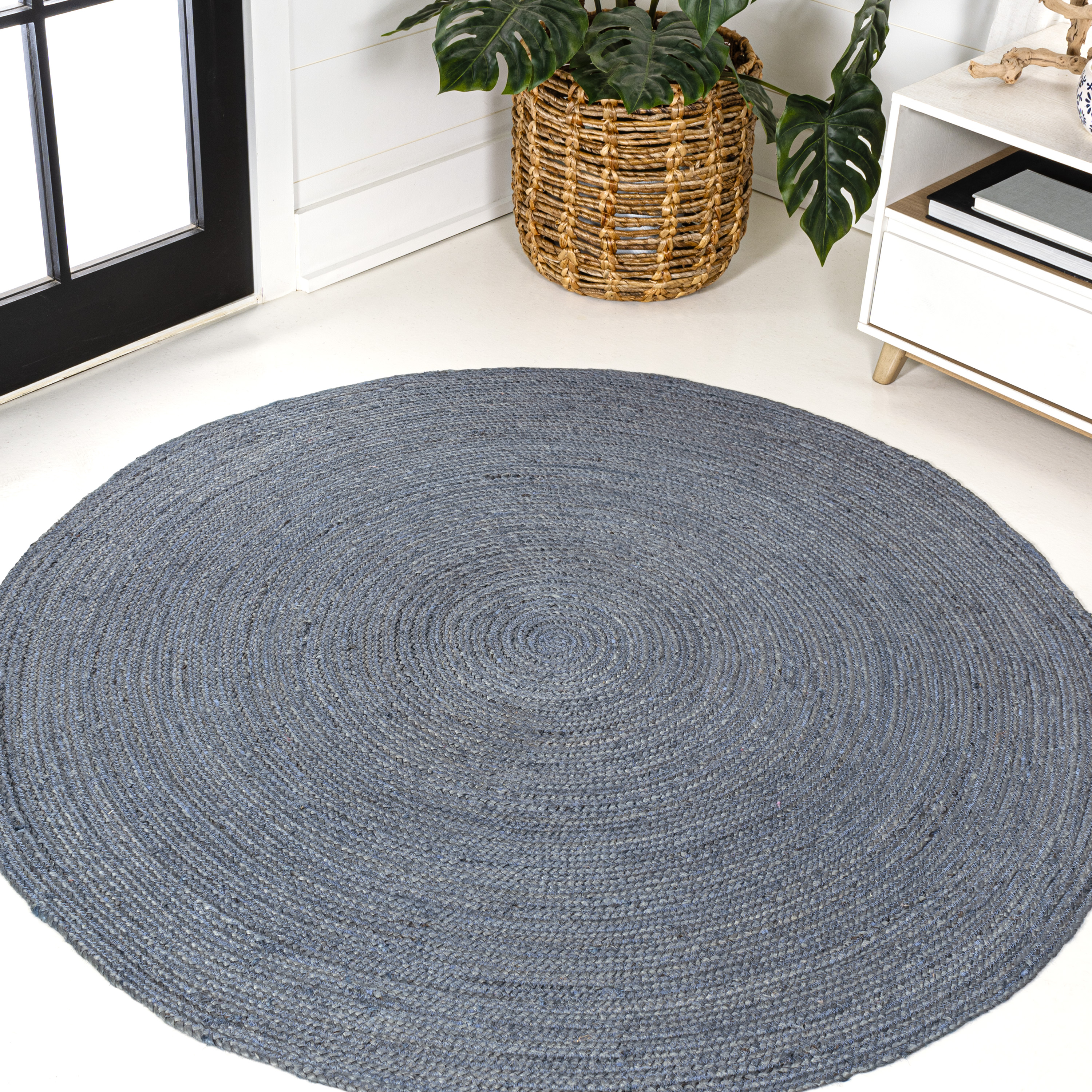 JONATHAN Y ANSA 4' Round Area Rug, Zara Braided Coastal Cottage Jute - Blue, RNF116C-4R