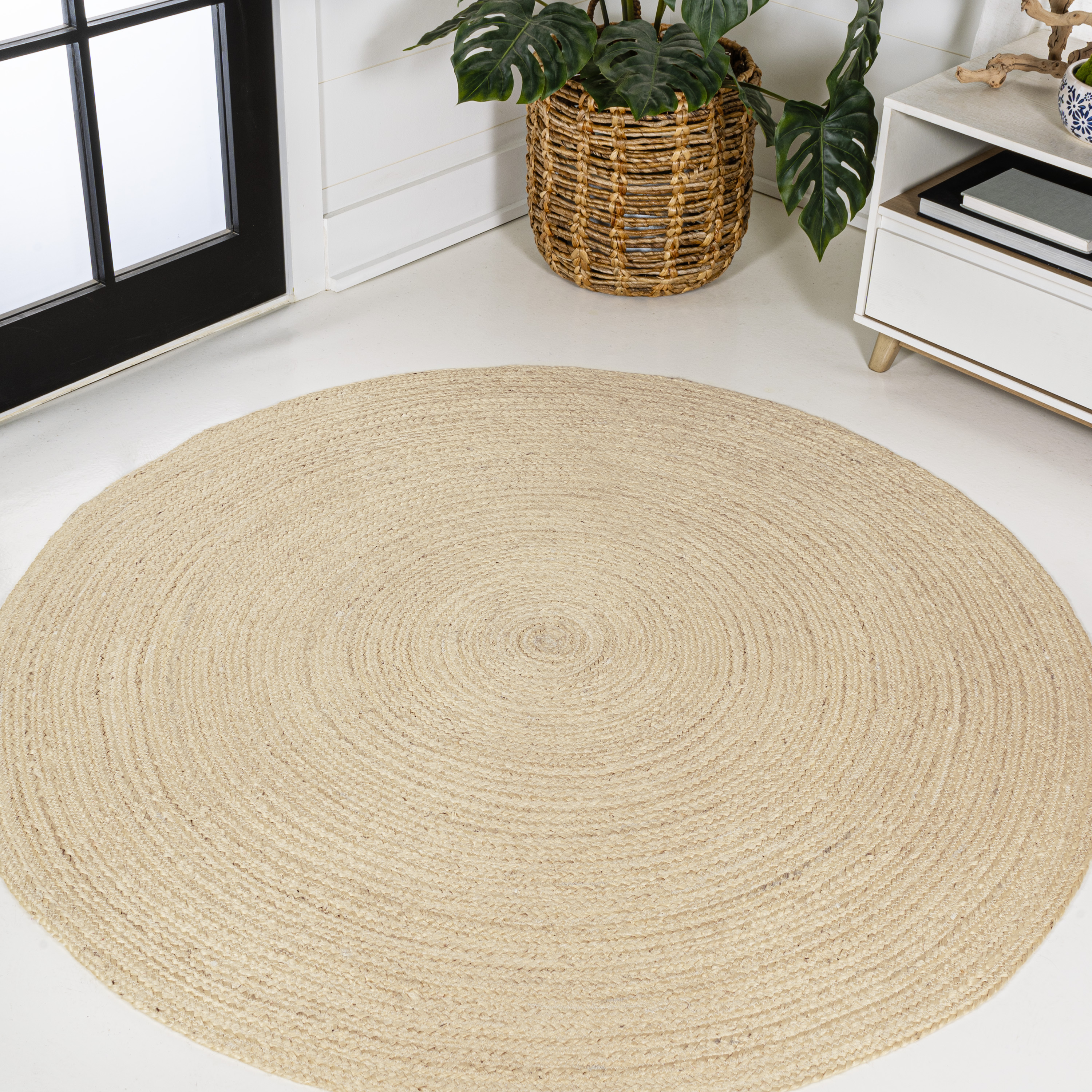 JONATHAN Y ANSA 4' Round Area Rug, Zara Braided Coastal Cottage Jute - Ivory, RNF116E-4R