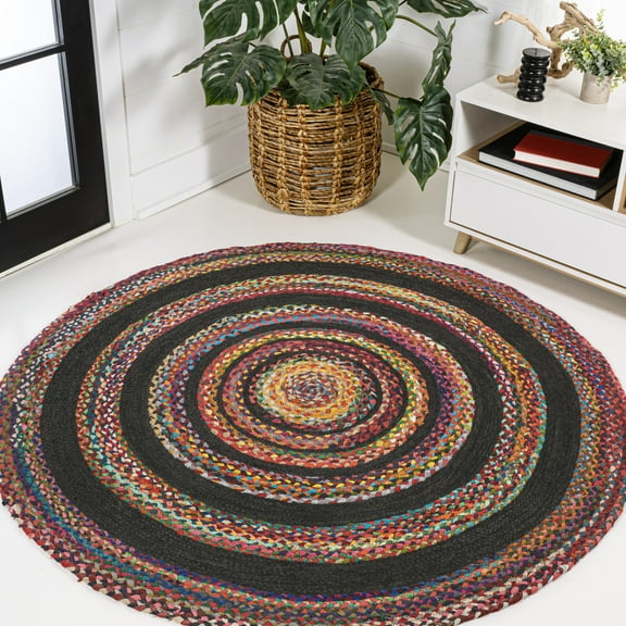 JONATHAN Y ANSA 4' Round Area Rug, Abyss Braided Bohemian Coastal Jute - Red/Multi, RNF117A-4R