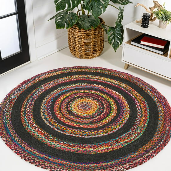 JONATHAN Y ANSA 6' Round Area Rug, Abyss Braided Bohemian Coastal Jute - Red/Multi, RNF117A-6R