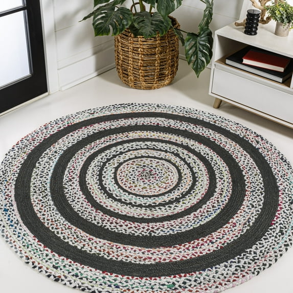 JONATHAN Y ANSA 4' Round Area Rug, Abyss Braided Bohemian Coastal Jute - White/Multi, RNF117B-4R